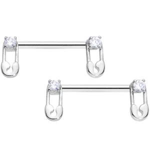 14 Gauge 9/16 Clear CZ Gem Punk Safety Pin Barbell Nipple Ring Set