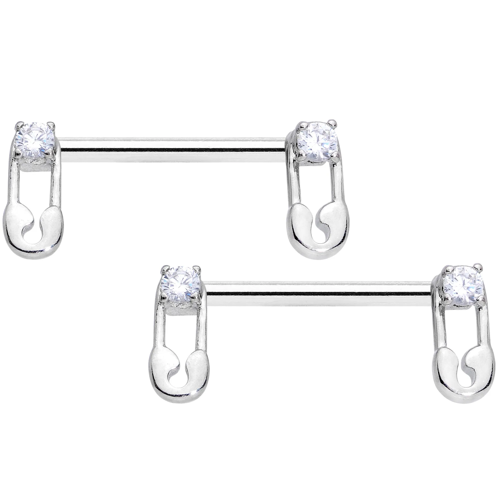 14 Gauge 9/16 Clear CZ Gem Punk Safety Pin Barbell Nipple Ring Set