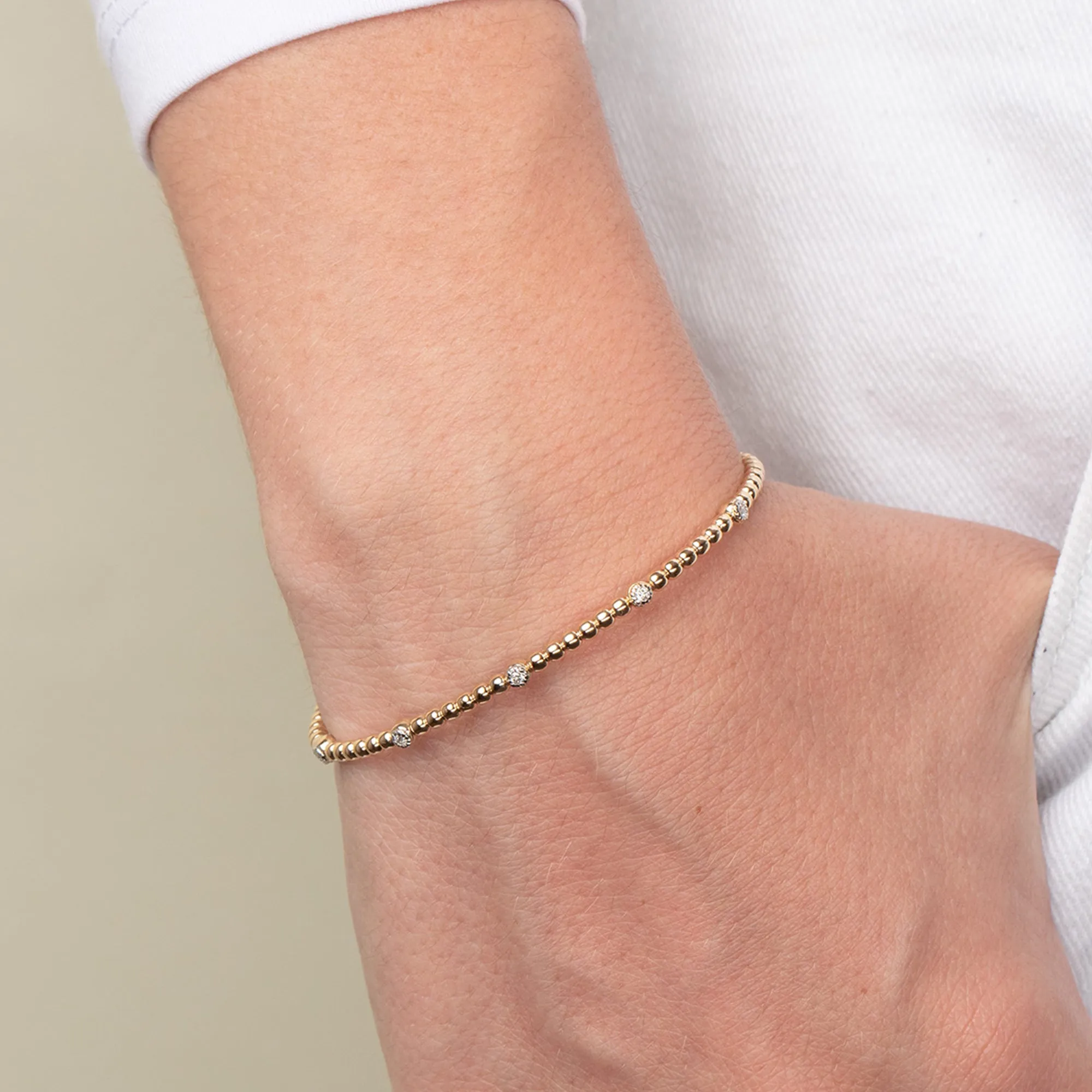 14K Gold Prosecco Bead Cuff With Diamonds