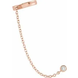 14K White Gold Diamond Single Ear Cuff With Chain