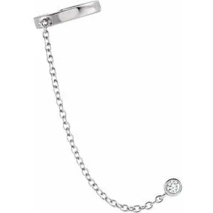 14K White Gold Diamond Single Ear Cuff With Chain