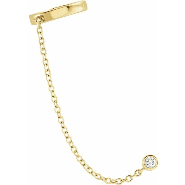 14K White Gold Diamond Single Ear Cuff With Chain