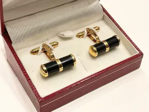14k Yellow Gold & Black Onyx Barrel Cuff Links in Box