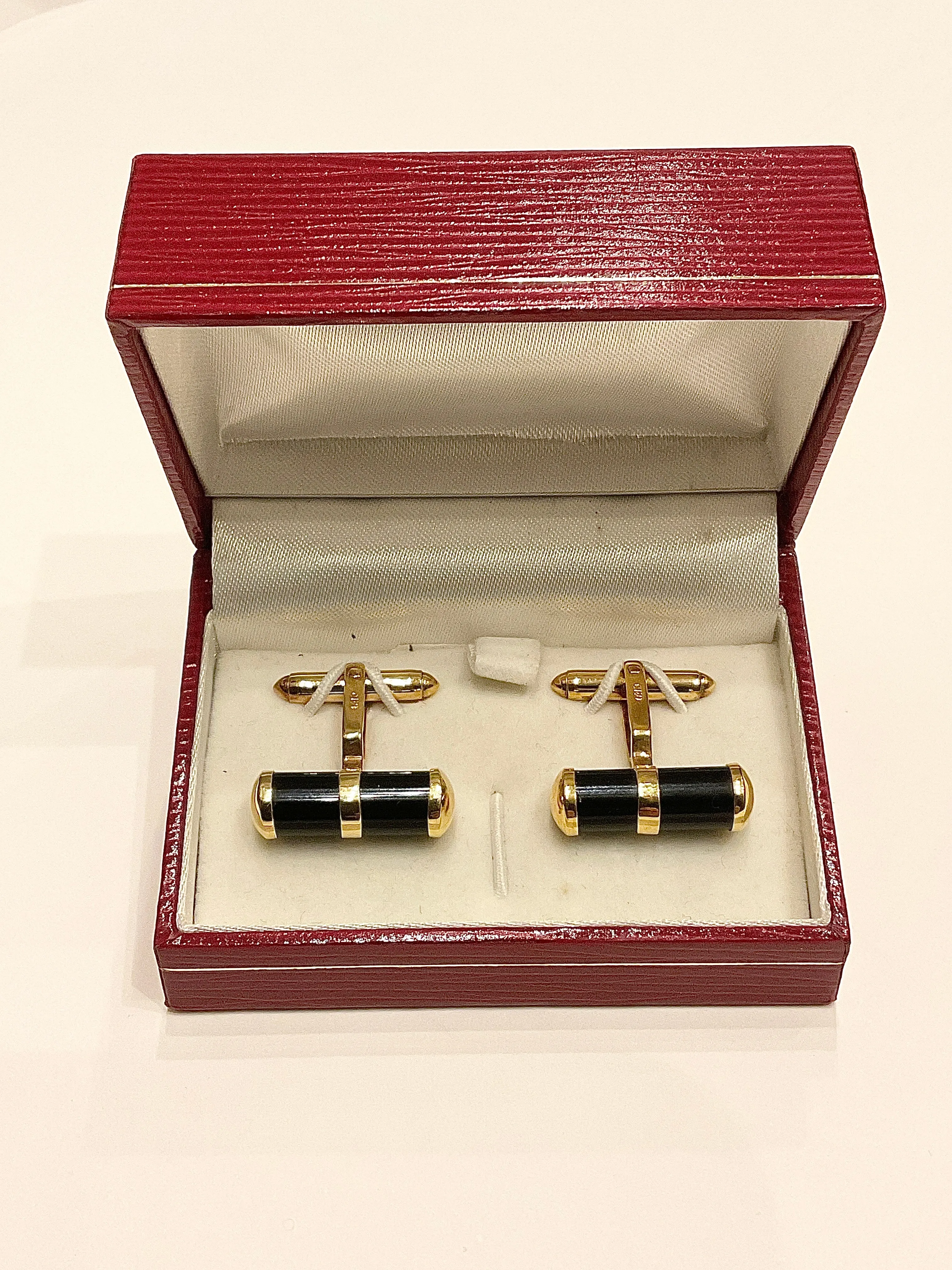 14k Yellow Gold & Black Onyx Barrel Cuff Links in Box