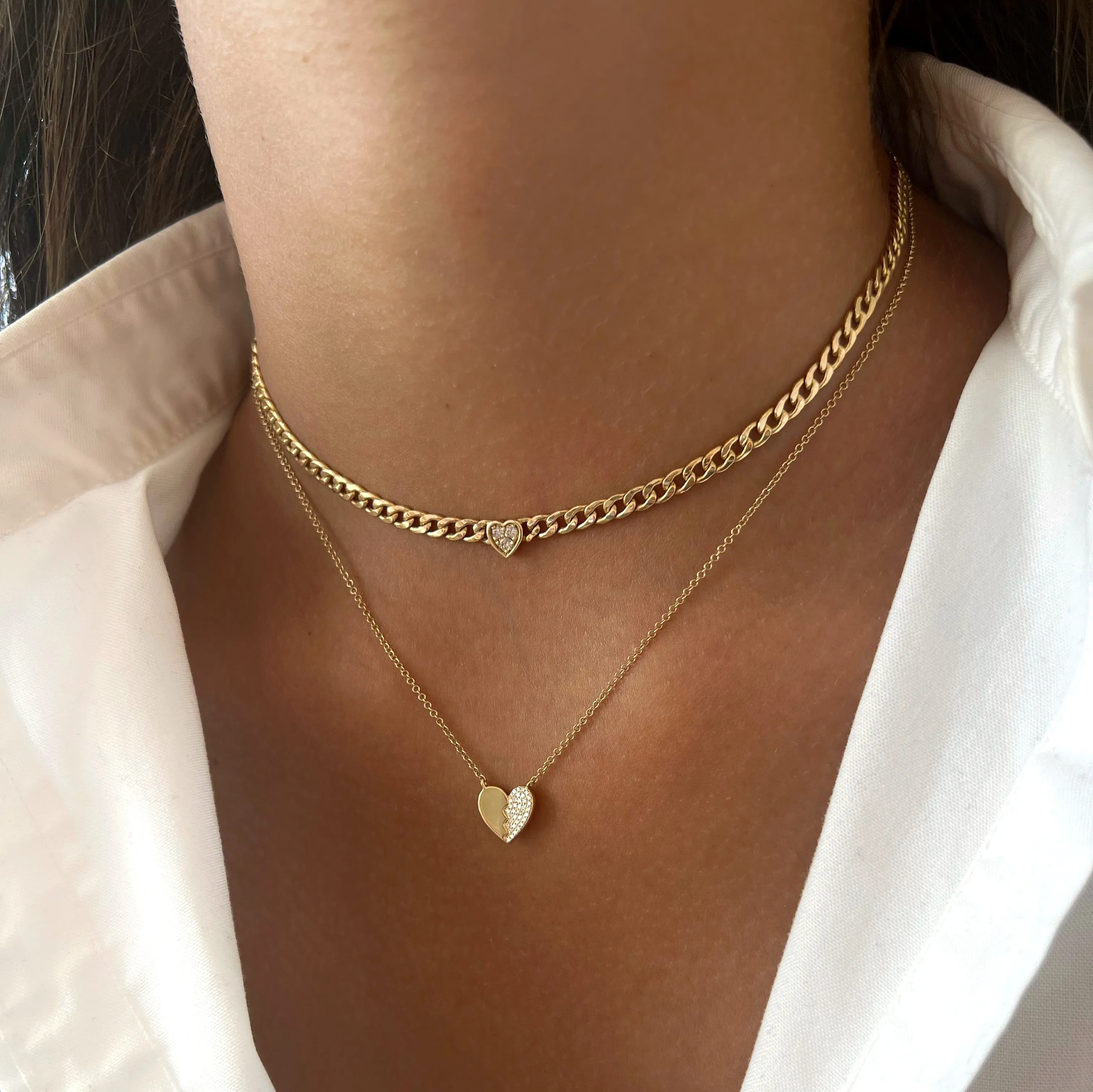 14K Yellow Gold Diamond Heart Cuban Link Chain Necklace