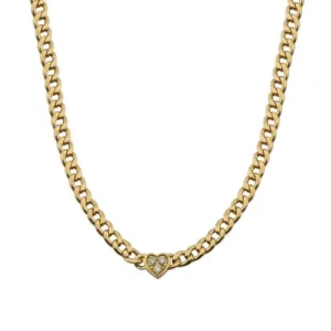 14K Yellow Gold Diamond Heart Cuban Link Chain Necklace