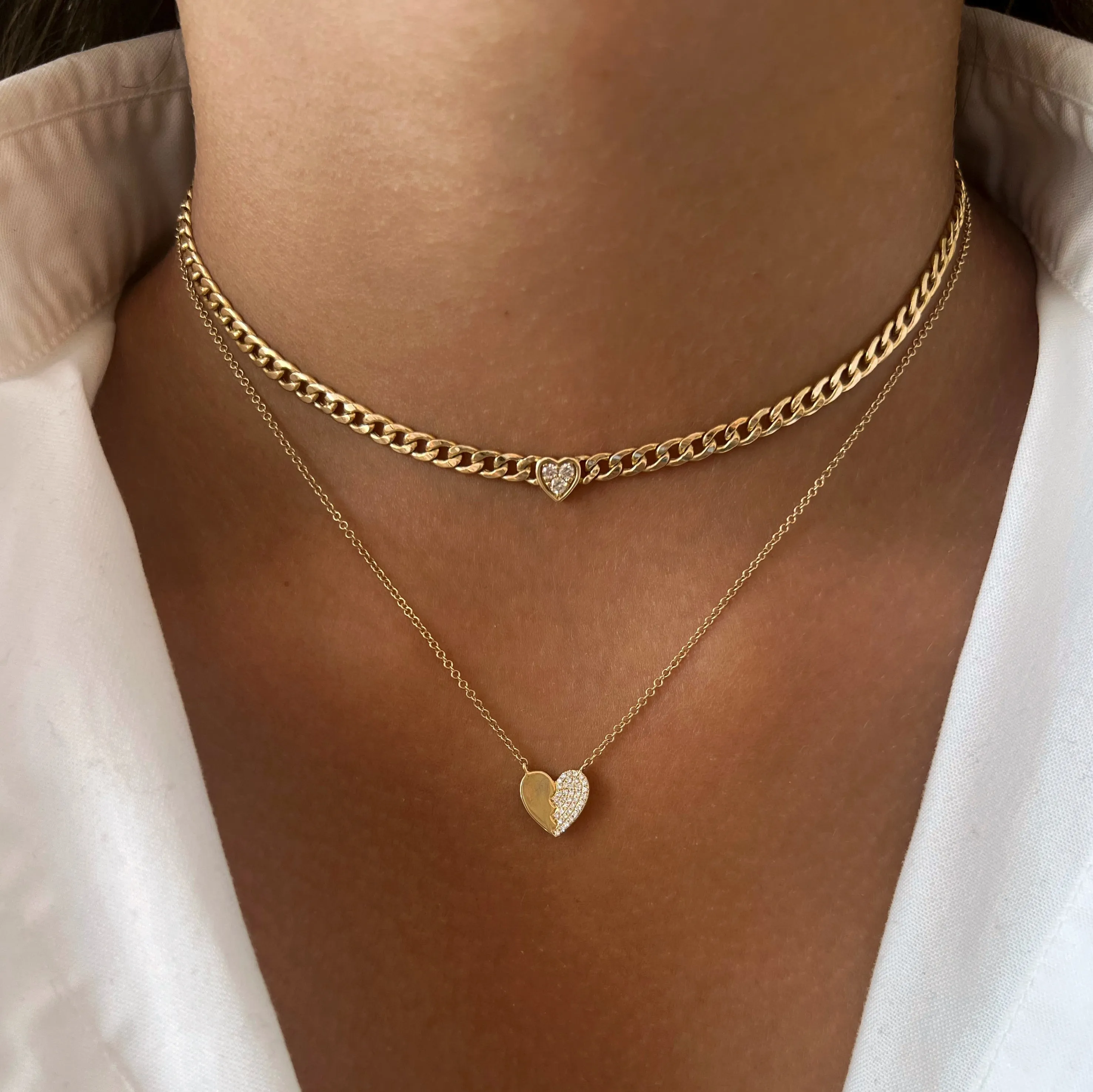 14K Yellow Gold Diamond Heart Cuban Link Chain Necklace