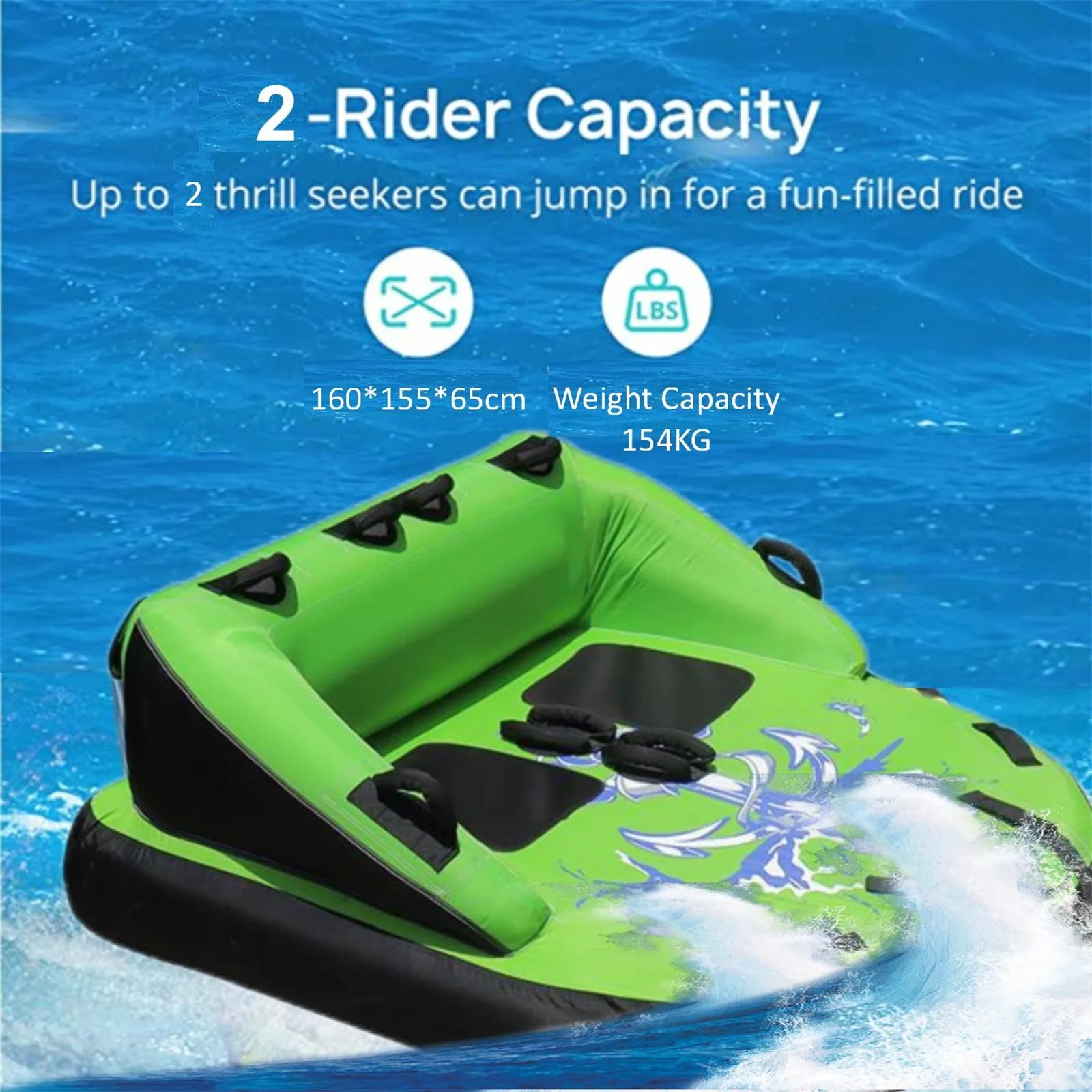 2-Rider Inflatable Towable Booster Tube with Front Tow Point Water Boating Float Tow Raft