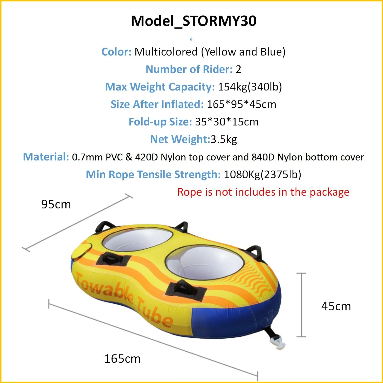 2-Rider Inflatable Towable Booster Tube with Front Tow Point Water Boating Float Tow Raft