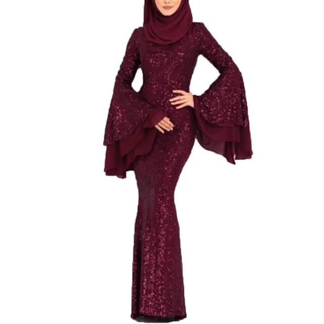 2020 Evening Party Women Dress Muslim Abayas Mermaid Elegant Islamic Clothing Turkish Femme Robe Sequin Ruffle Sleeves