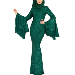 2020 Evening Party Women Dress Muslim Abayas Mermaid Elegant Islamic Clothing Turkish Femme Robe Sequin Ruffle Sleeves
