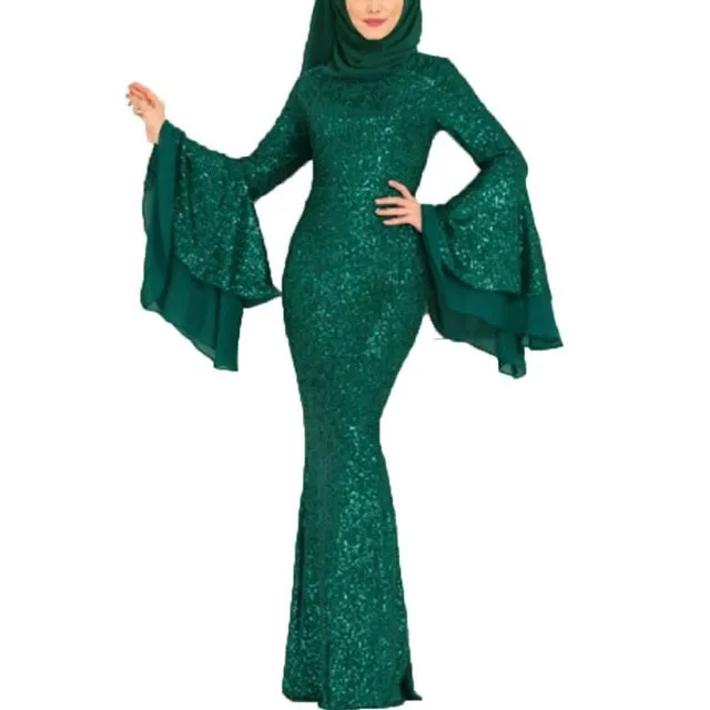 2020 Evening Party Women Dress Muslim Abayas Mermaid Elegant Islamic Clothing Turkish Femme Robe Sequin Ruffle Sleeves