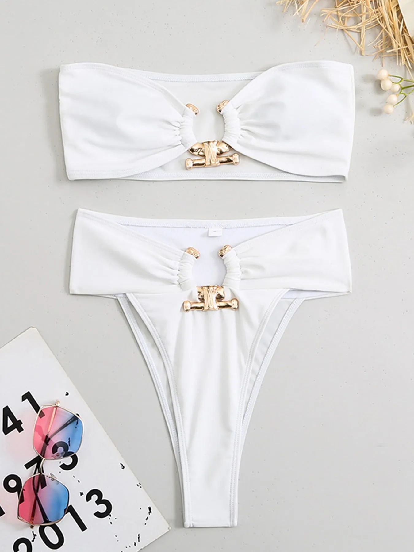 2023 Sexy High Waist Bandeau Bikini Push Up Swimwear Women Swimsuit Female Two Pieces Beachwear Metal Accessories Bathing Suits