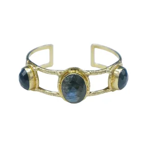 254-LAB-G | 3 STONE LABRADORITE & BLACK QUARTZ CUFF ON GOLD
