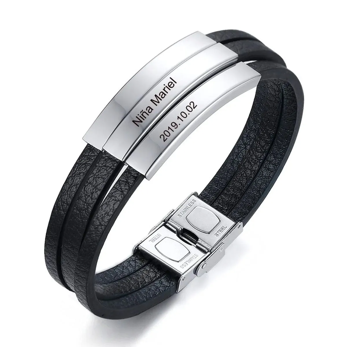 3 Names Customized Personalized Stainless Steel Silver Laser Engraved Three Layers Leather Wrist Band ID Bracelet for Men - Stylish and Meaningful Accessory