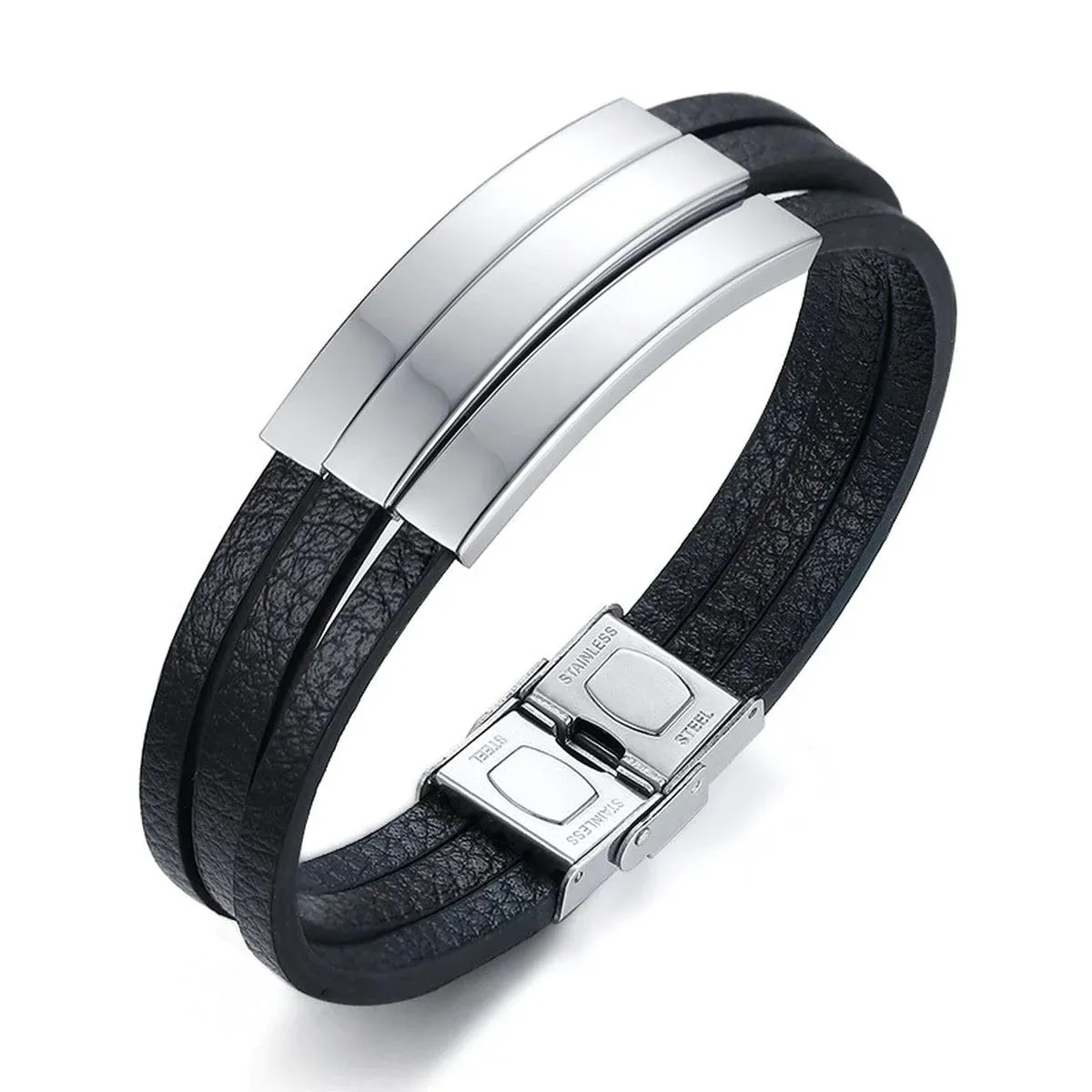 3 Names Customized Personalized Stainless Steel Silver Laser Engraved Three Layers Leather Wrist Band ID Bracelet for Men - Stylish and Meaningful Accessory
