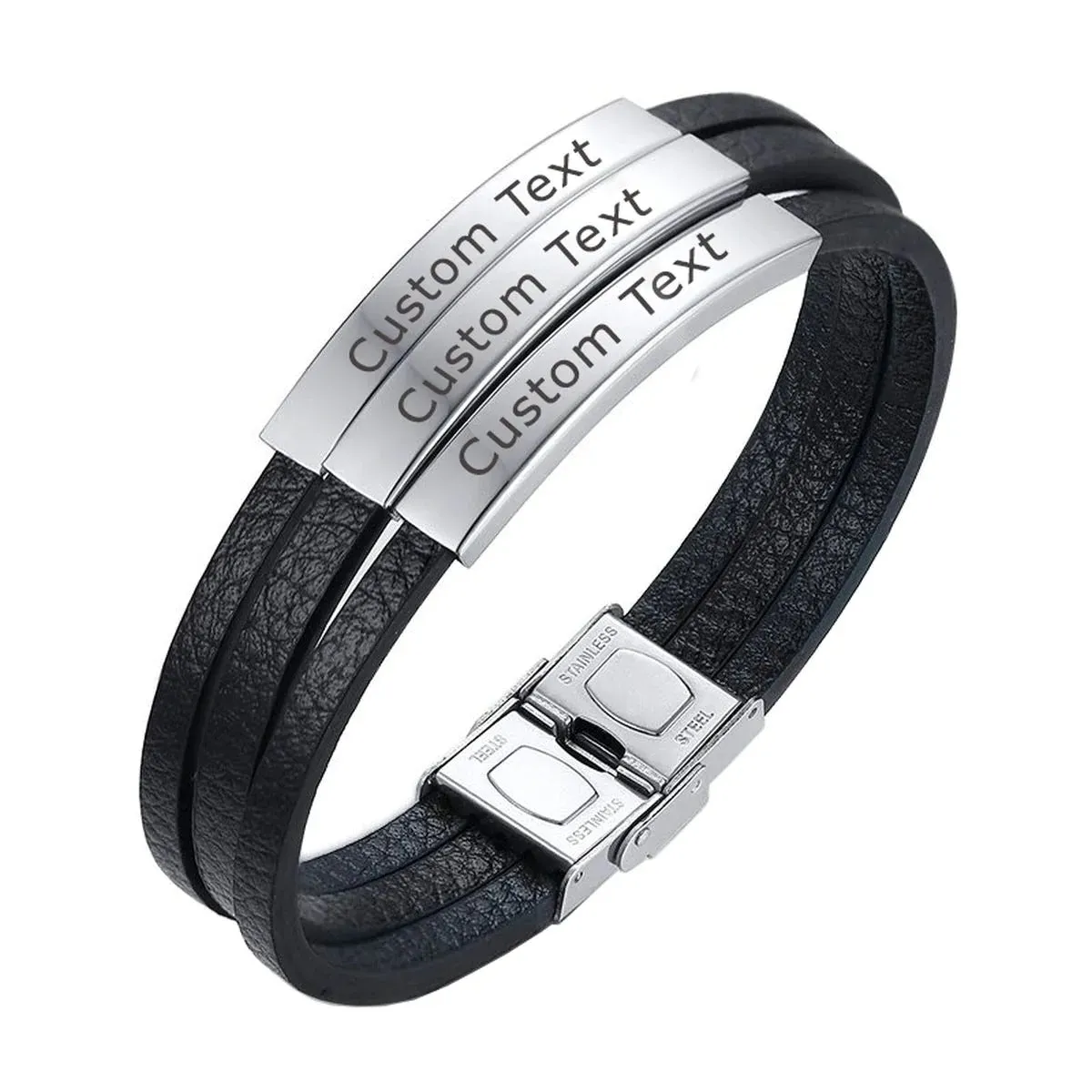 3 Names Customized Personalized Stainless Steel Silver Laser Engraved Three Layers Leather Wrist Band ID Bracelet for Men - Stylish and Meaningful Accessory