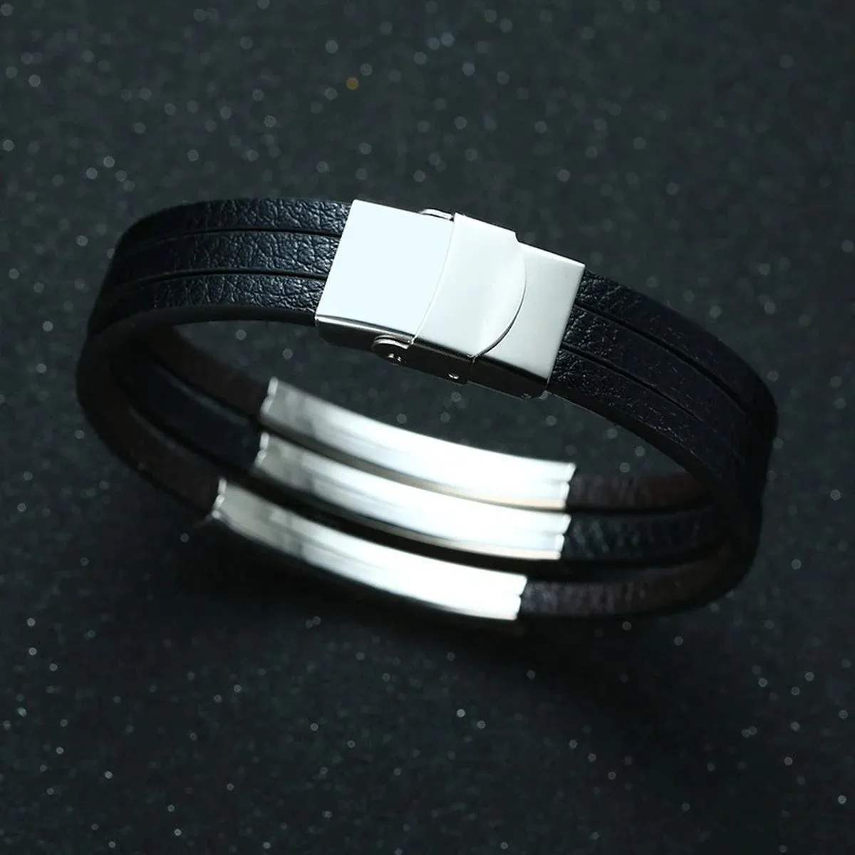 3 Names Customized Personalized Stainless Steel Silver Laser Engraved Three Layers Leather Wrist Band ID Bracelet for Men - Stylish and Meaningful Accessory