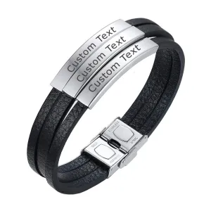3 Names Customized Personalized Stainless Steel Silver Laser Engraved Three Layers Leather Wrist Band ID Bracelet for Men - Stylish and Meaningful Accessory