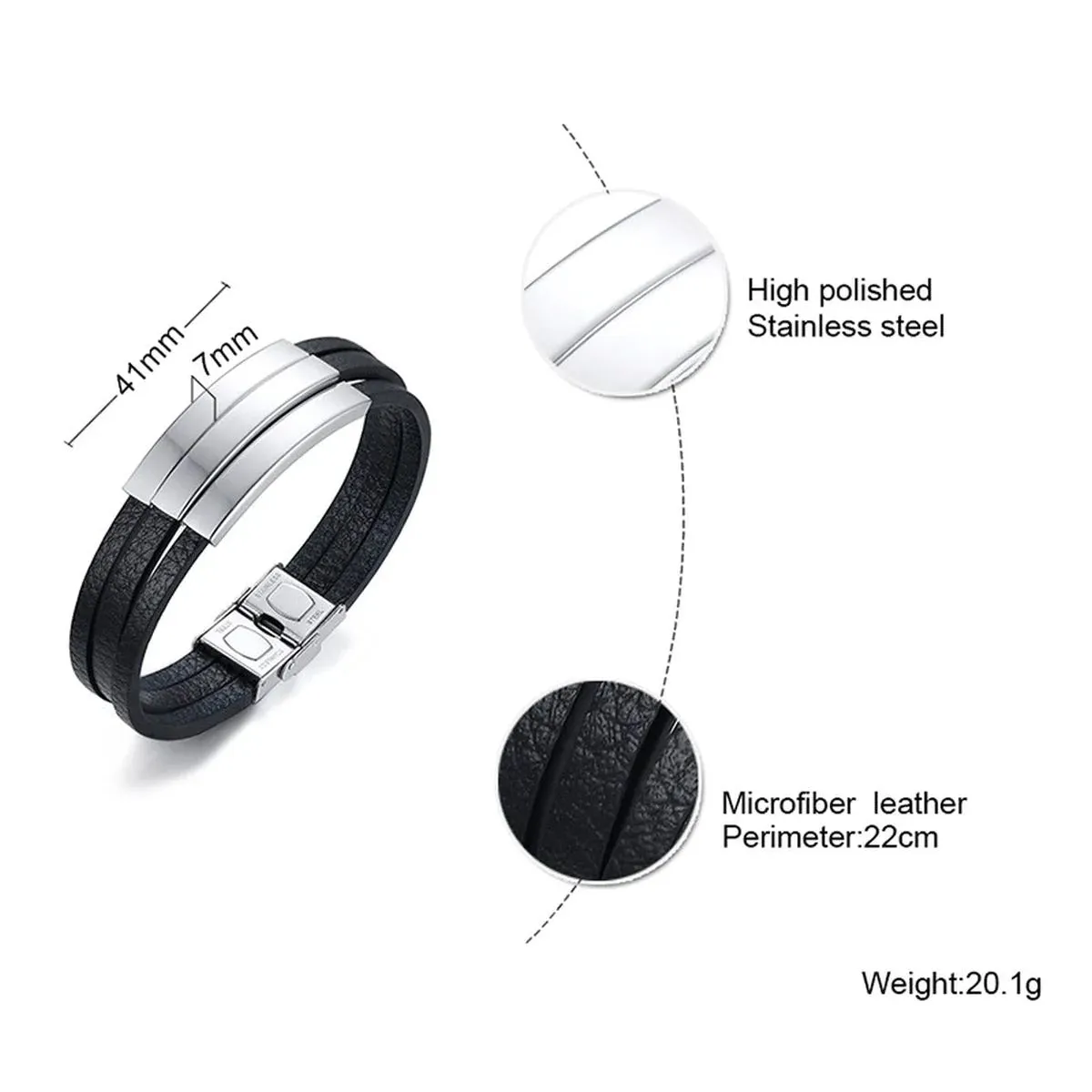 3 Names Customized Personalized Stainless Steel Silver Laser Engraved Three Layers Leather Wrist Band ID Bracelet for Men - Stylish and Meaningful Accessory