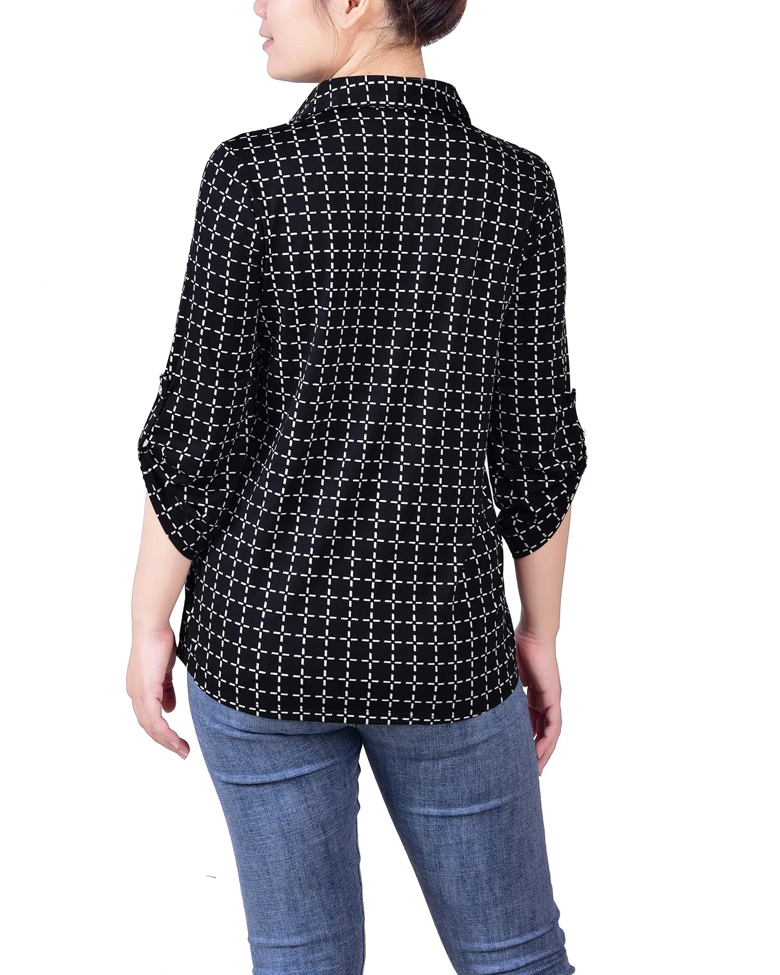 3/4 Roll Tab Sleeve Studded Y Neck Top 2