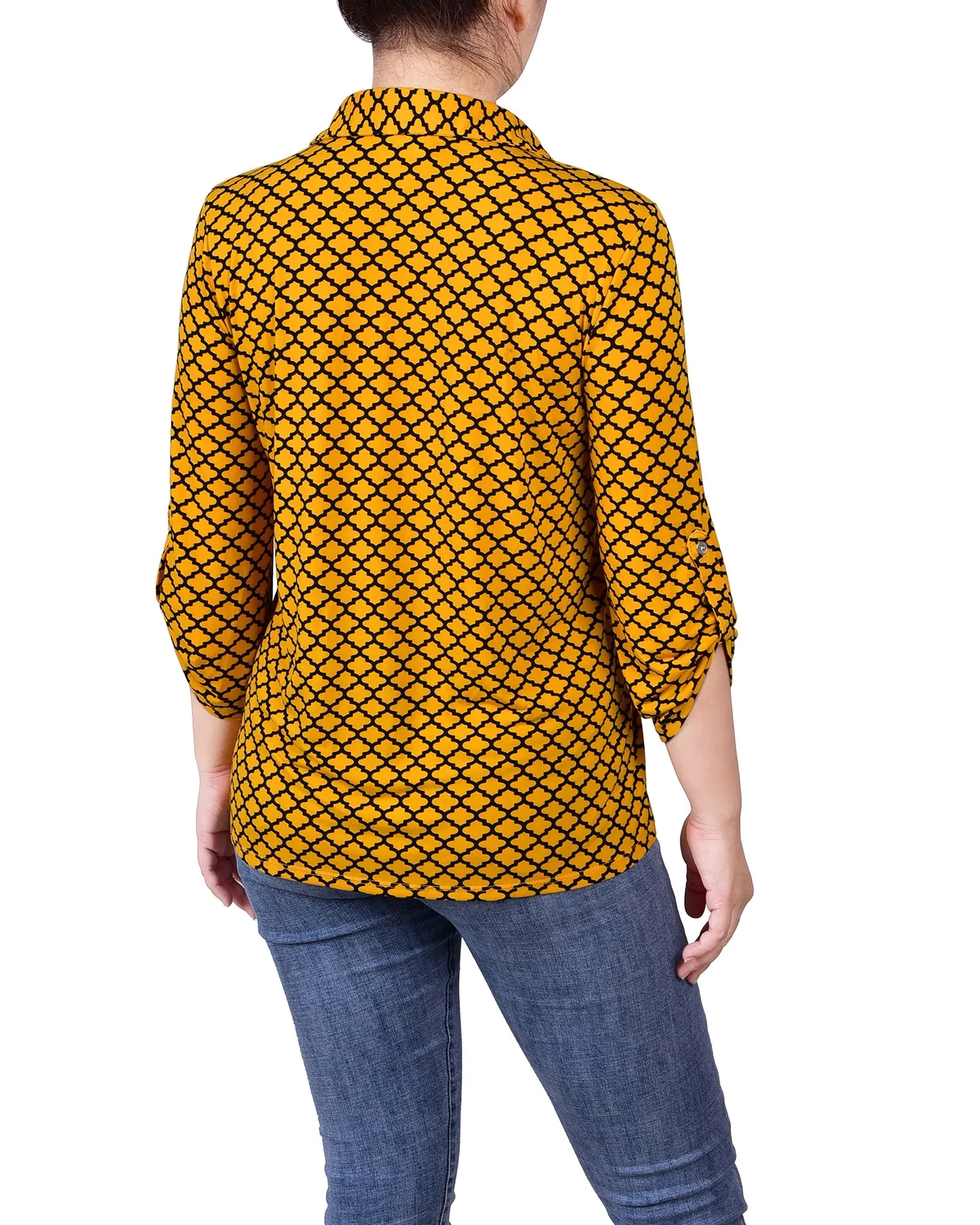 3/4 Roll Tab Sleeve Studded Y Neck Top 2