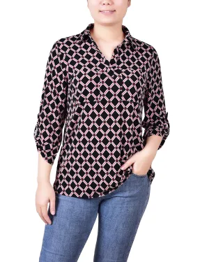 3/4 Roll Tab Sleeve Studded Y Neck Top 2