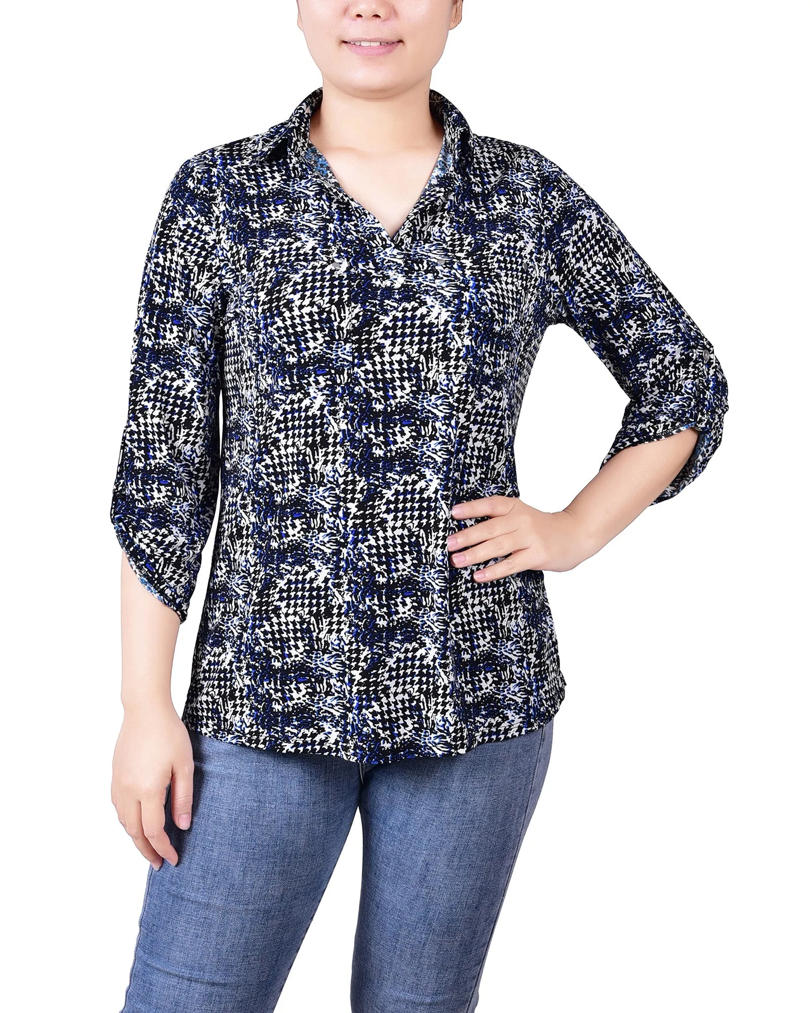 3/4 Roll Tab Sleeve Studded Y Neck Top 2