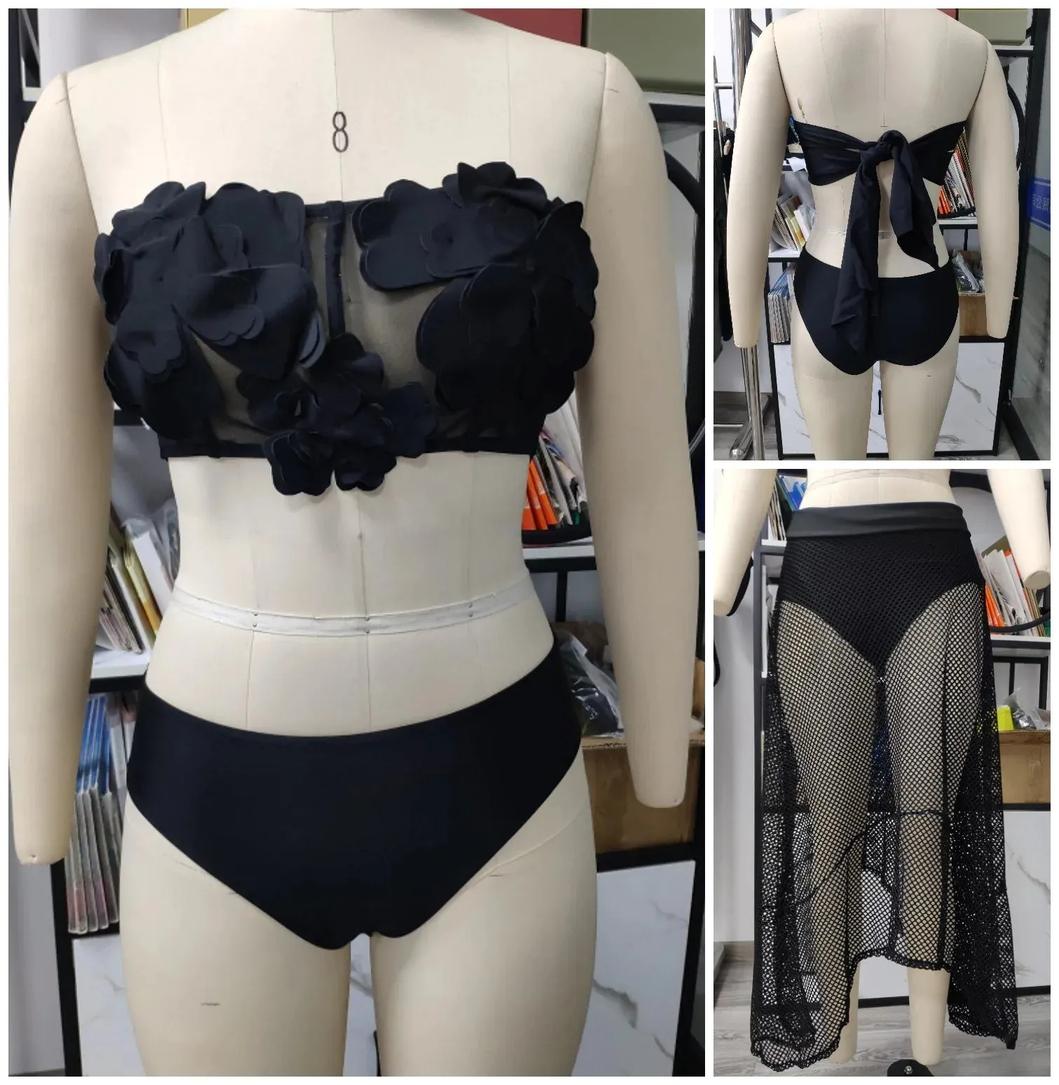 3D Petal Two Piece Set Tie Bikini Skirt Wrap Backless Beachwear