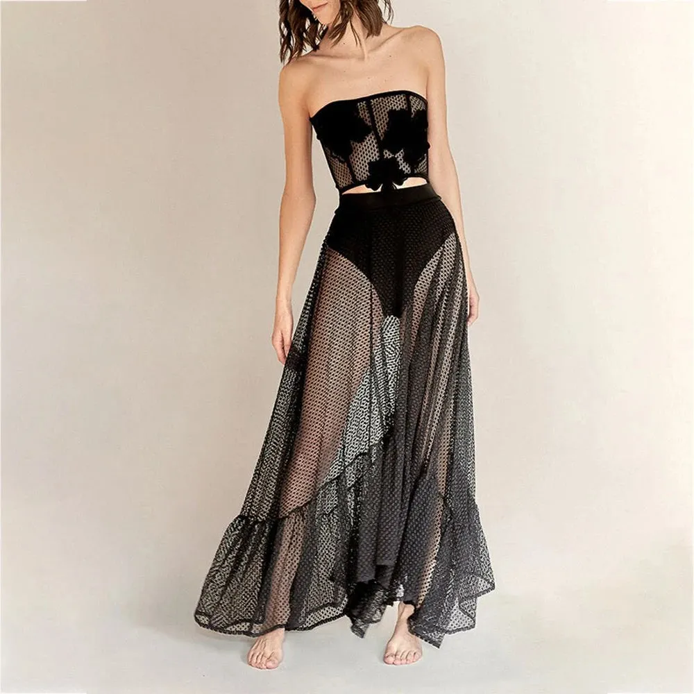 3D Petal Two Piece Set Tie Bikini Skirt Wrap Backless Beachwear