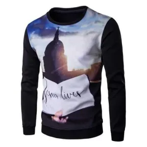 3D Print Crew Neck Long Sleeve Pullover Sweatshirt For Men - Black L