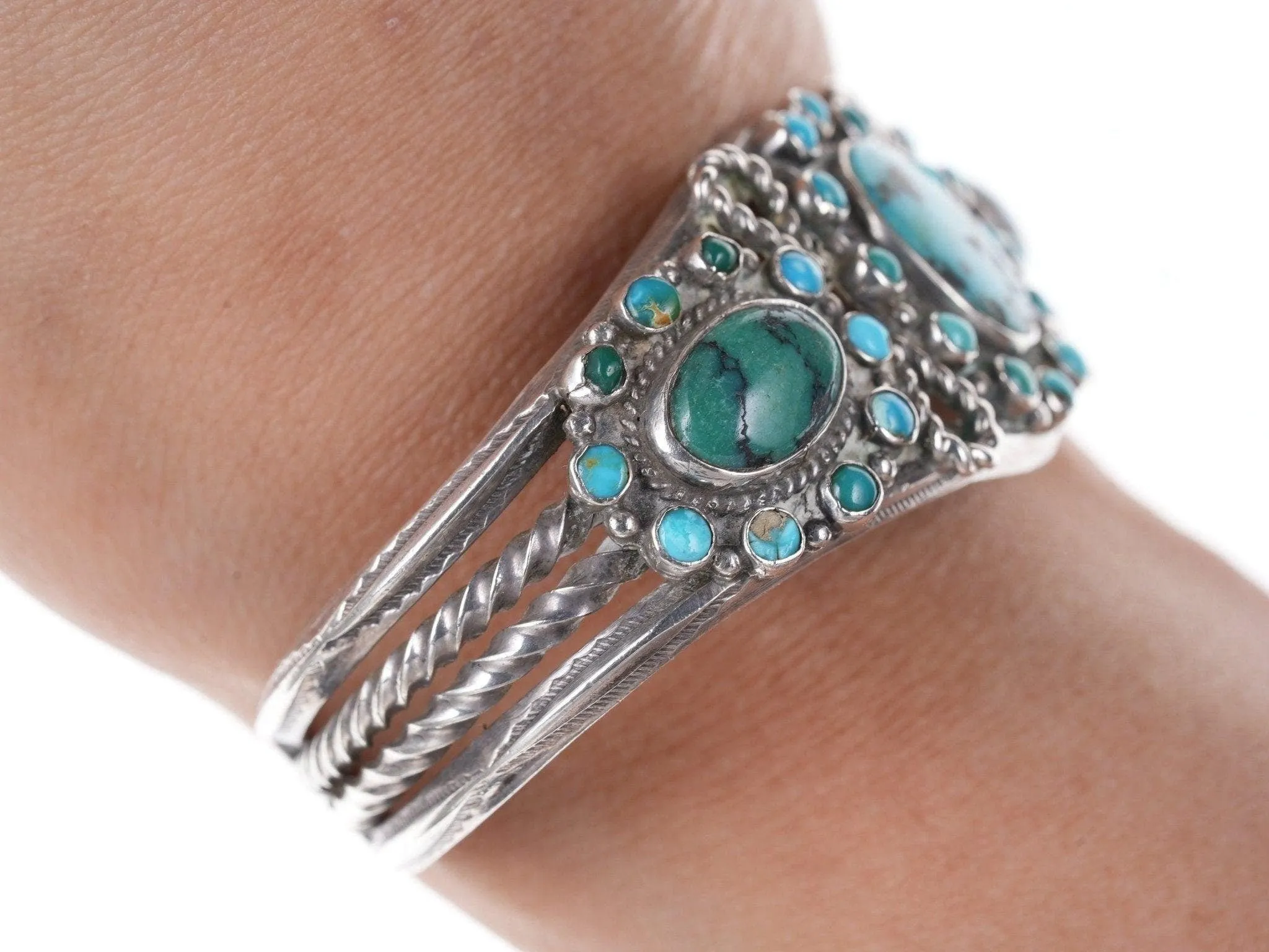 6" 1940's Native American Navajo Sterling silver cluster cuff bracelet