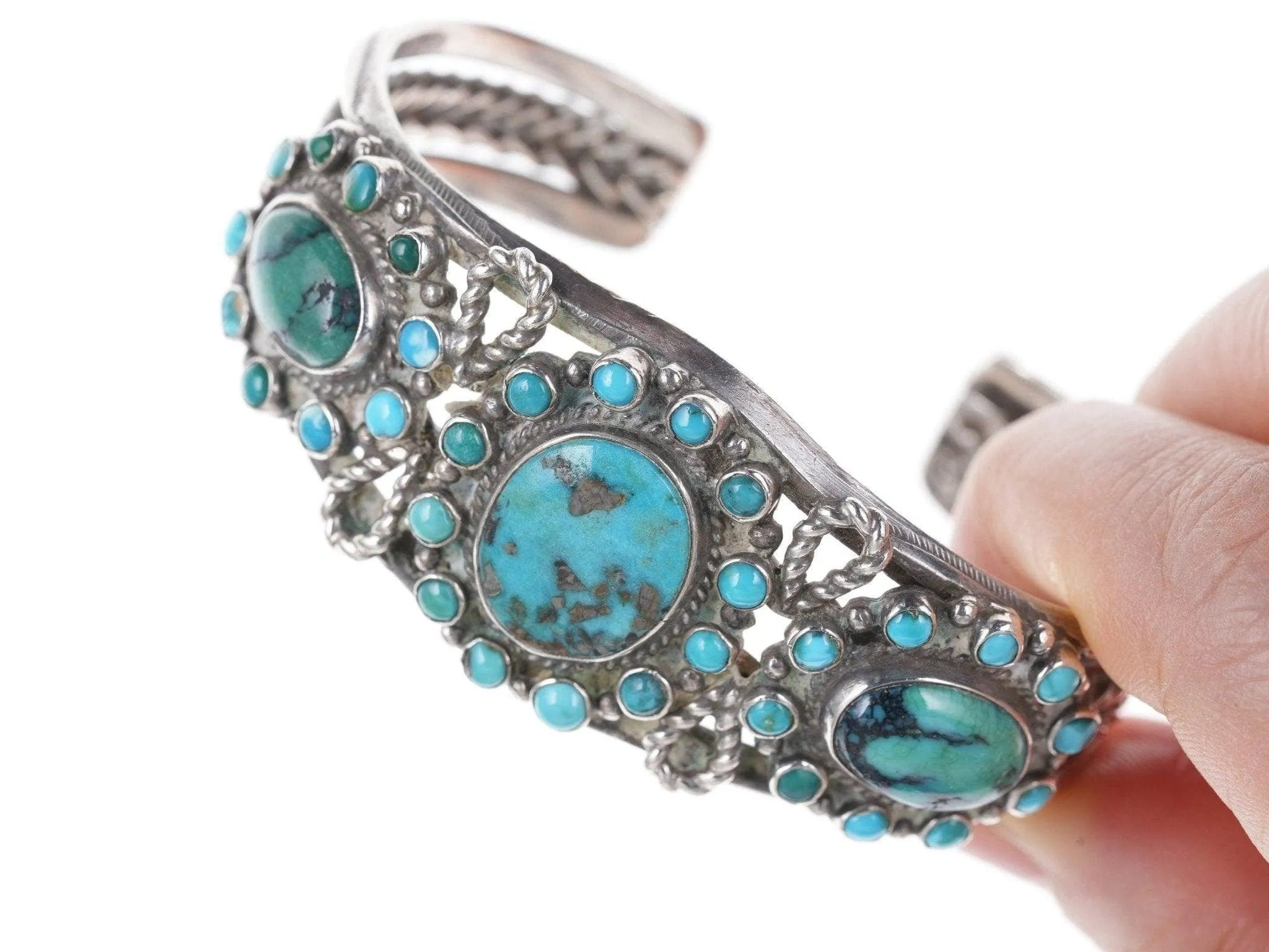 6" 1940's Native American Navajo Sterling silver cluster cuff bracelet