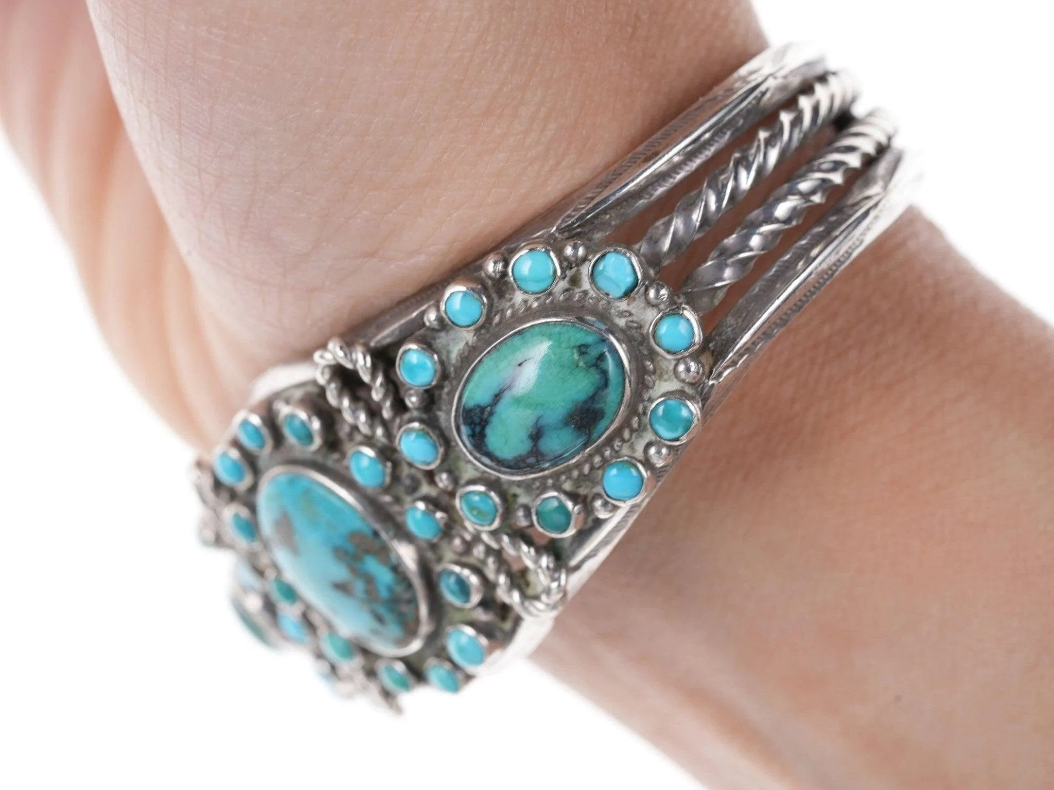 6" 1940's Native American Navajo Sterling silver cluster cuff bracelet