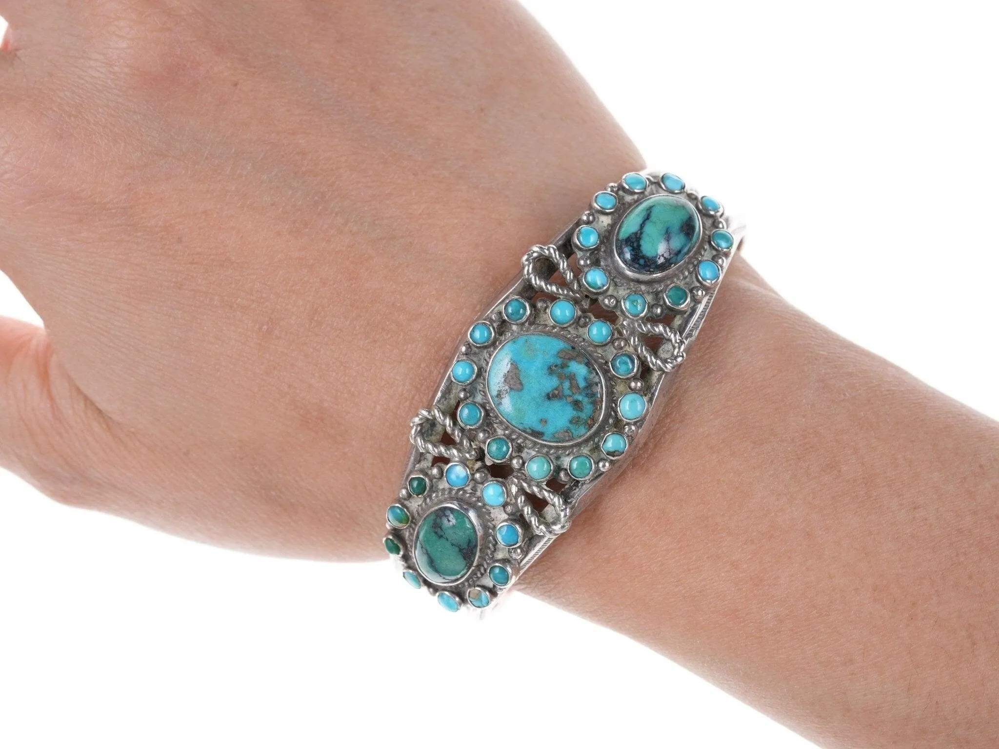 6" 1940's Native American Navajo Sterling silver cluster cuff bracelet