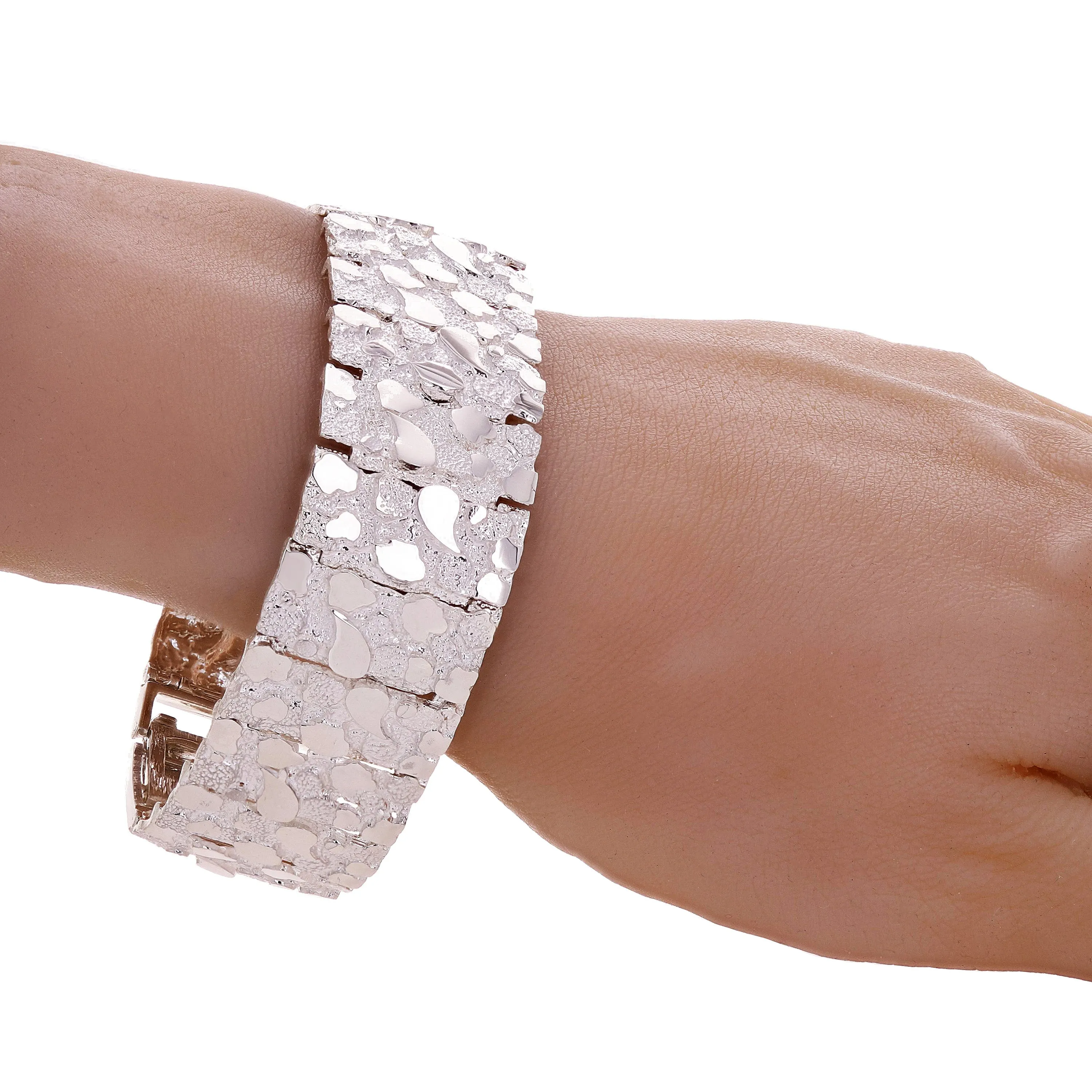 925 Solid Sterling Silver Nugget Bracelet Adjustable 24.5mm 8.5-9" 63.5 grams