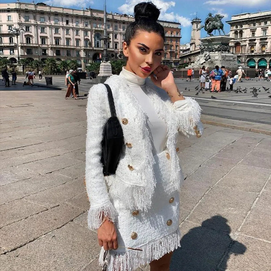 Adyce 2020 Neue Winter Frauen Weiß Quaste Verband 2 Zwei Stück Sets Langarm Mantel & Rock Taste Club Party casual Outwear Sets