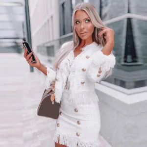 Adyce 2020 Neue Winter Frauen Weiß Quaste Verband 2 Zwei Stück Sets Langarm Mantel & Rock Taste Club Party casual Outwear Sets