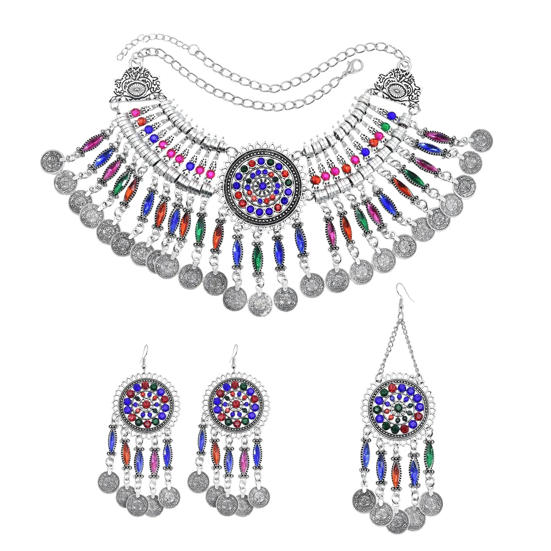 Afghan Silver Color Coin Tassel Bib Statement Necklace & Earring Sets for Women Turkish Gypsy Rhinestone Necklace Party Jewelry