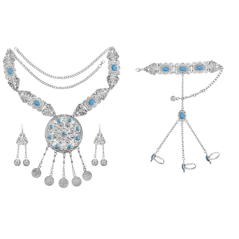 Afghan Silver Color Coin Tassel Bib Statement Necklace & Earring Sets for Women Turkish Gypsy Rhinestone Necklace Party Jewelry