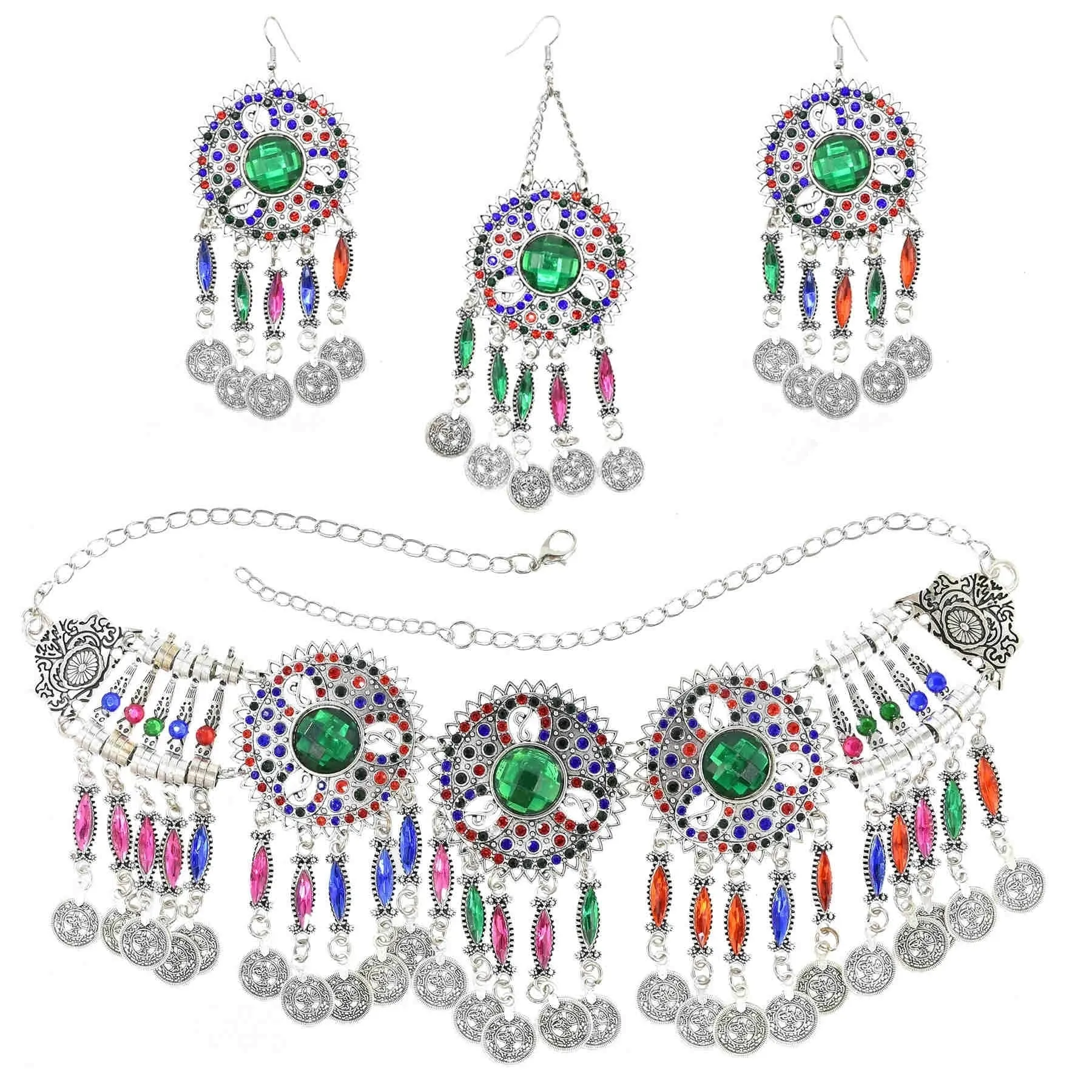 Afghan Silver Color Coin Tassel Bib Statement Necklace & Earring Sets for Women Turkish Gypsy Rhinestone Necklace Party Jewelry