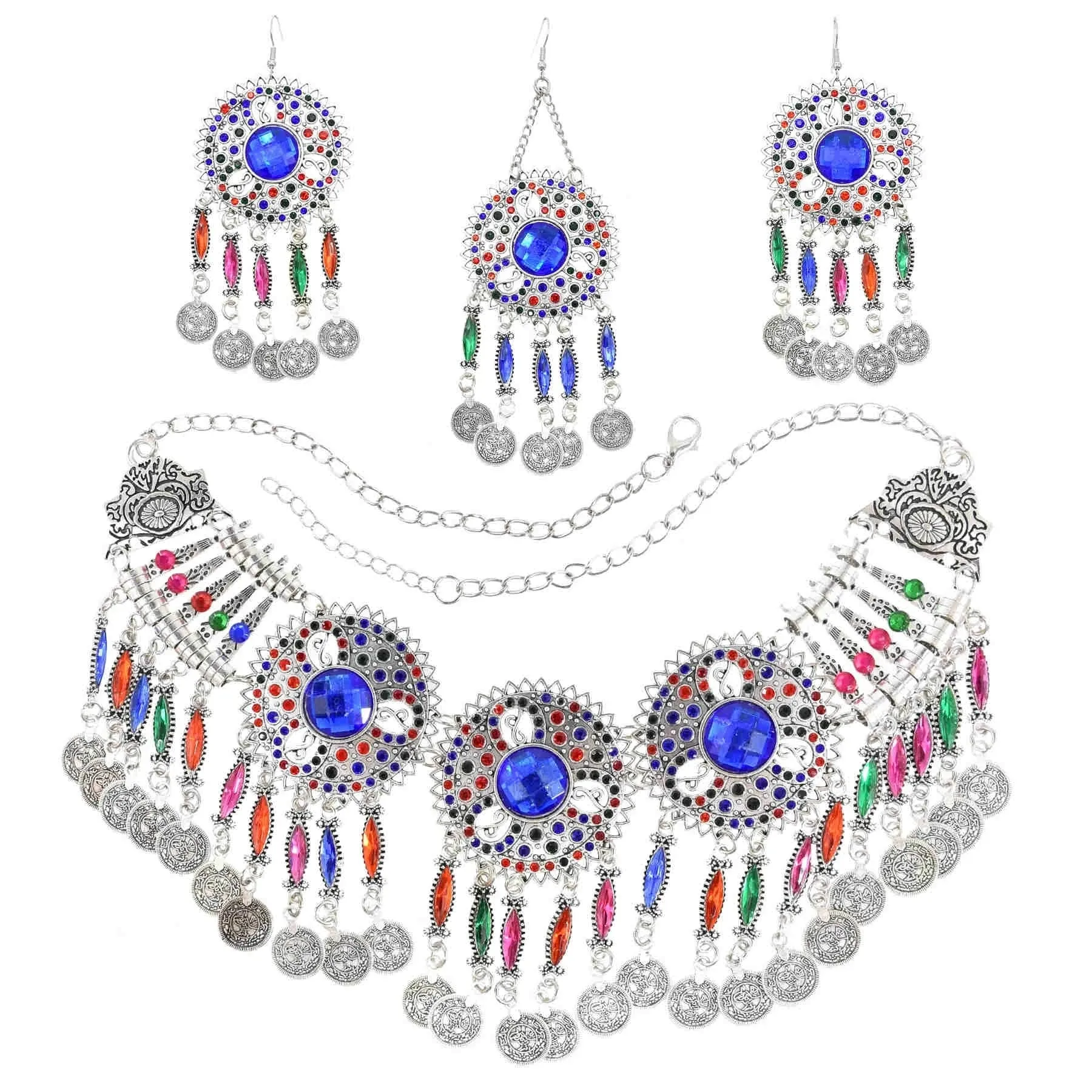 Afghan Silver Color Coin Tassel Bib Statement Necklace & Earring Sets for Women Turkish Gypsy Rhinestone Necklace Party Jewelry