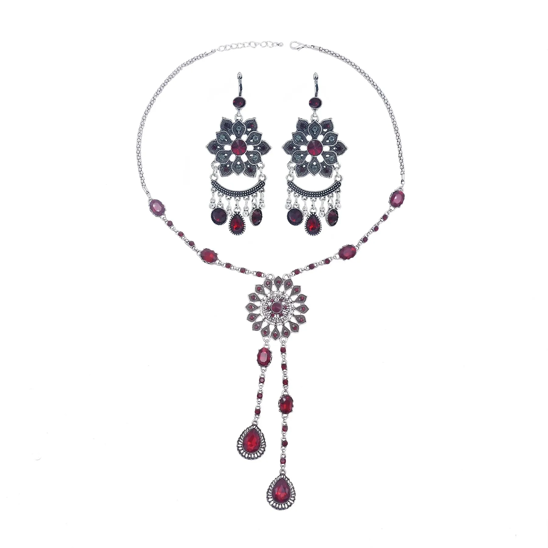Afghan Silver Color Coin Tassel Bib Statement Necklace & Earring Sets for Women Turkish Gypsy Rhinestone Necklace Party Jewelry