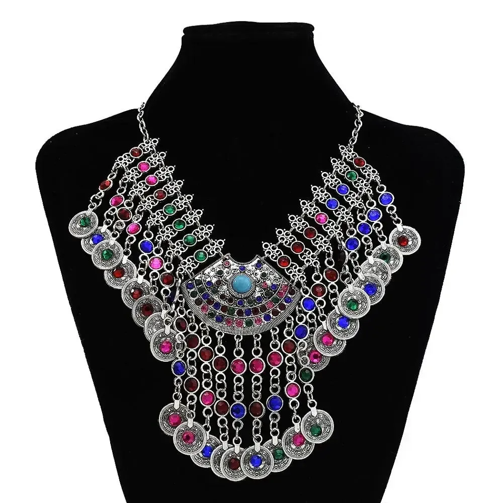 Afghan Silver Color Coin Tassel Bib Statement Necklace & Earring Sets for Women Turkish Gypsy Rhinestone Necklace Party Jewelry
