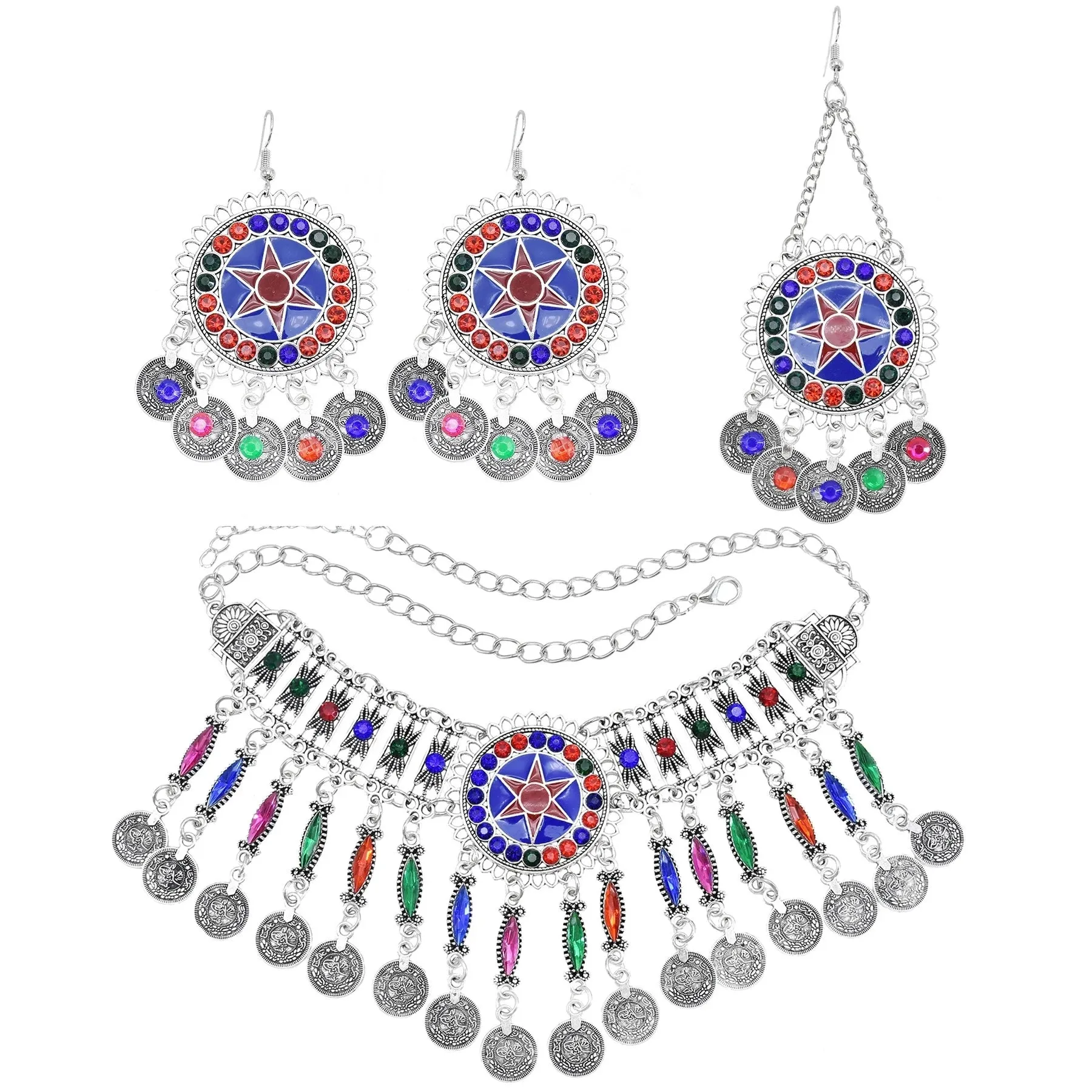 Afghan Silver Color Coin Tassel Bib Statement Necklace & Earring Sets for Women Turkish Gypsy Rhinestone Necklace Party Jewelry
