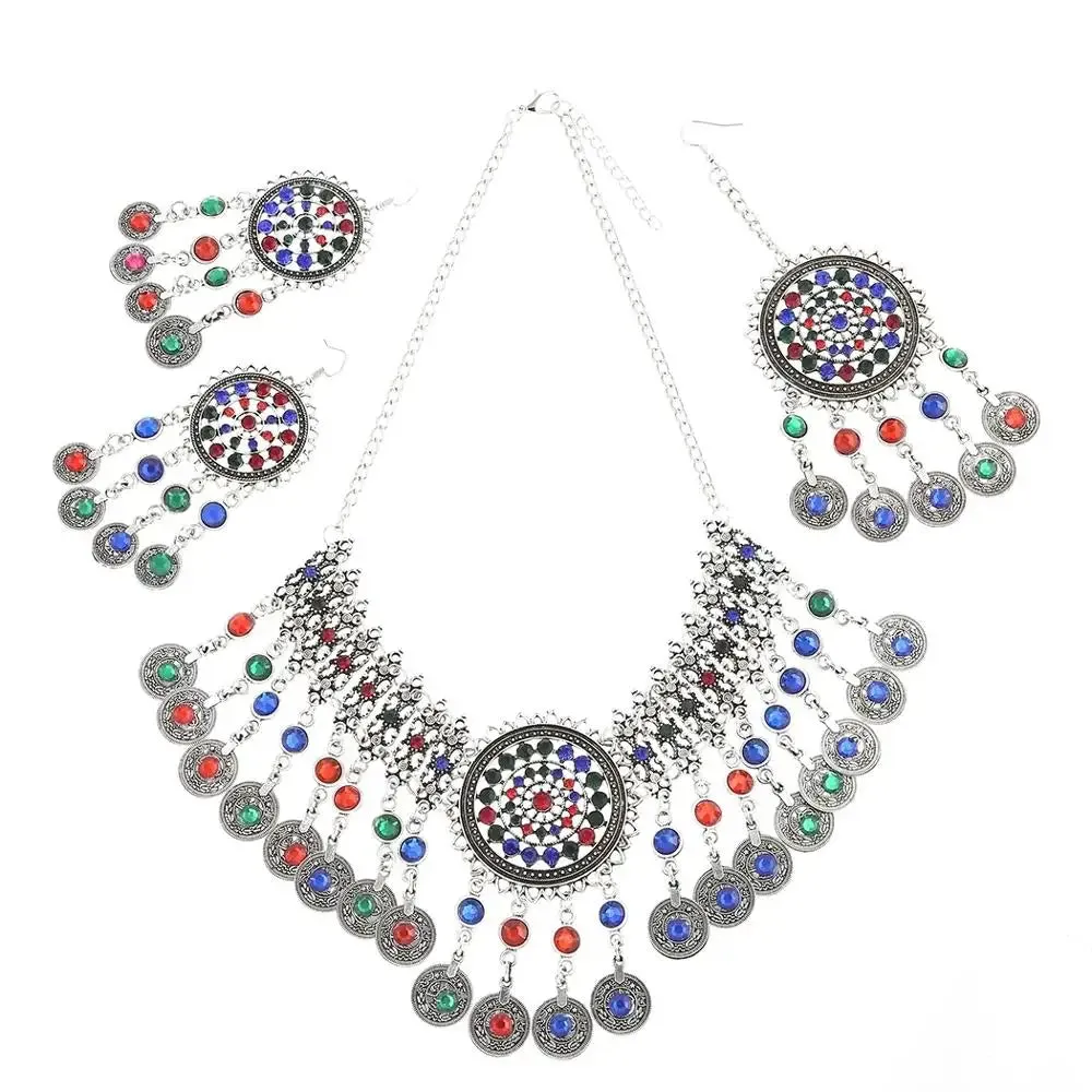 Afghan Silver Color Coin Tassel Bib Statement Necklace & Earring Sets for Women Turkish Gypsy Rhinestone Necklace Party Jewelry