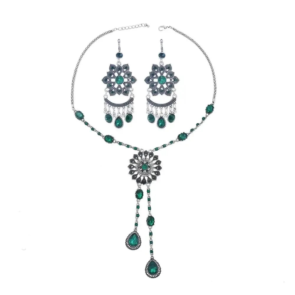 Afghan Silver Color Coin Tassel Bib Statement Necklace & Earring Sets for Women Turkish Gypsy Rhinestone Necklace Party Jewelry