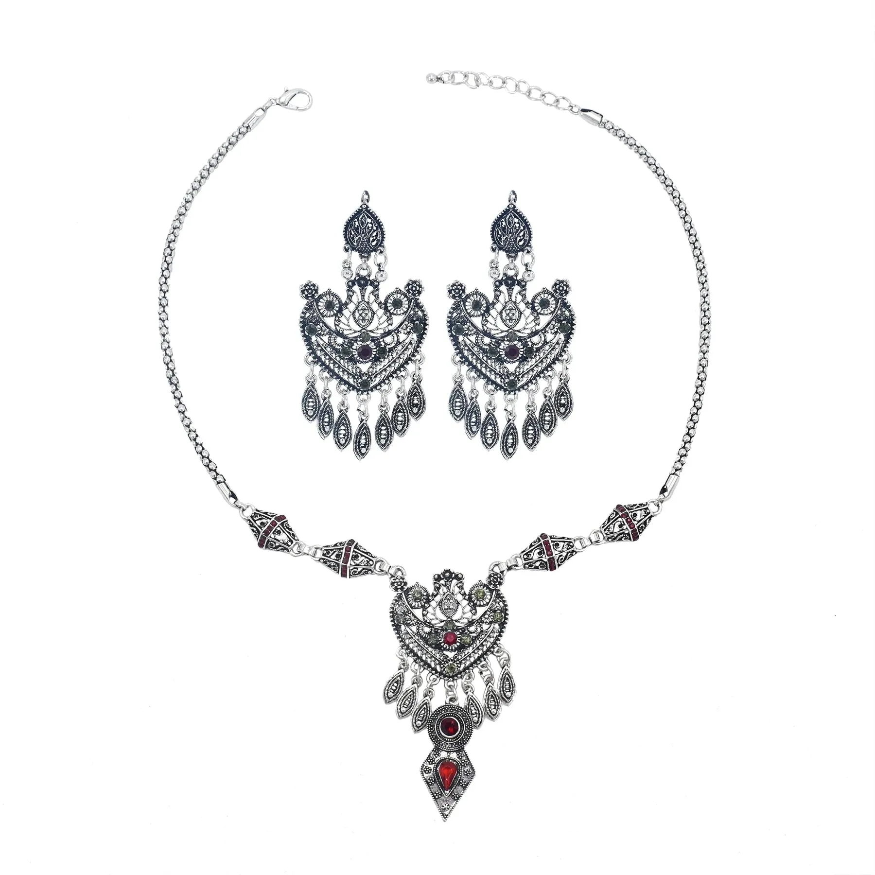 Afghan Silver Color Coin Tassel Bib Statement Necklace & Earring Sets for Women Turkish Gypsy Rhinestone Necklace Party Jewelry