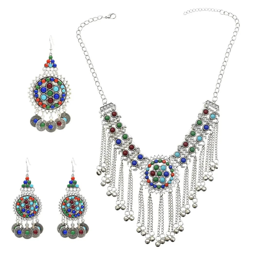 Afghan Silver Color Coin Tassel Bib Statement Necklace & Earring Sets for Women Turkish Gypsy Rhinestone Necklace Party Jewelry