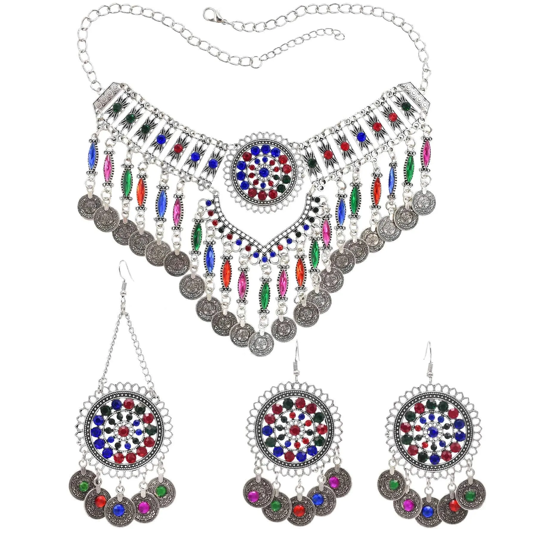 Afghan Silver Color Coin Tassel Bib Statement Necklace & Earring Sets for Women Turkish Gypsy Rhinestone Necklace Party Jewelry